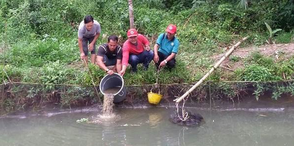 Spreading catfish seeds by Head of Dusun 1, Selat Akar Village (3th from right ) with RER team of Pulau Padang.