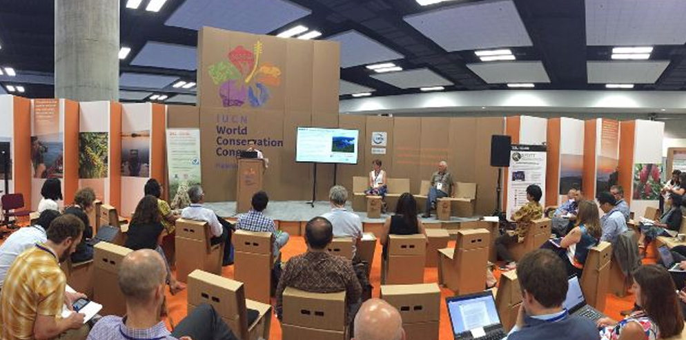 Tony Wenas at the IUCN Business and Biodiversity Pavilion discussing APRIL's RER implementation in Riau province, Indonesia.