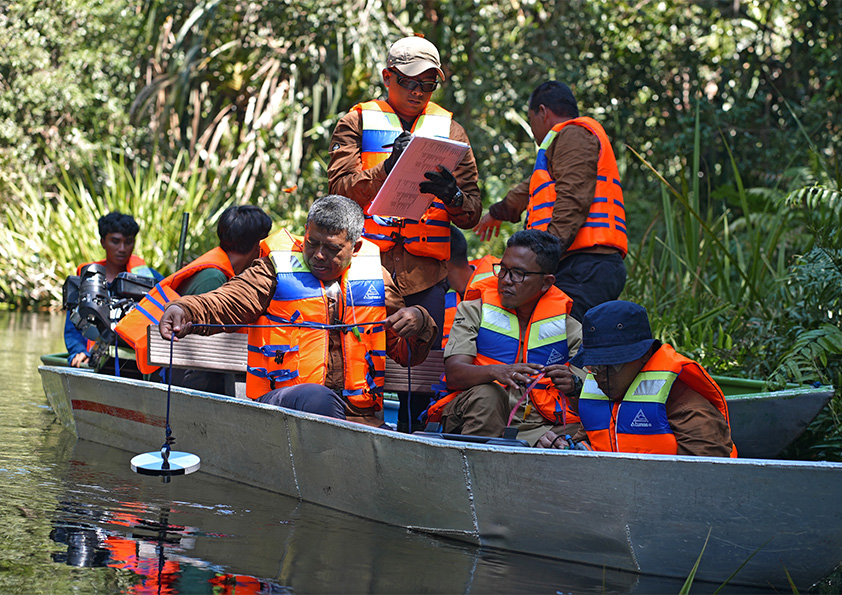 Fish researchers using tools to test water quality and locate fish in an RER river